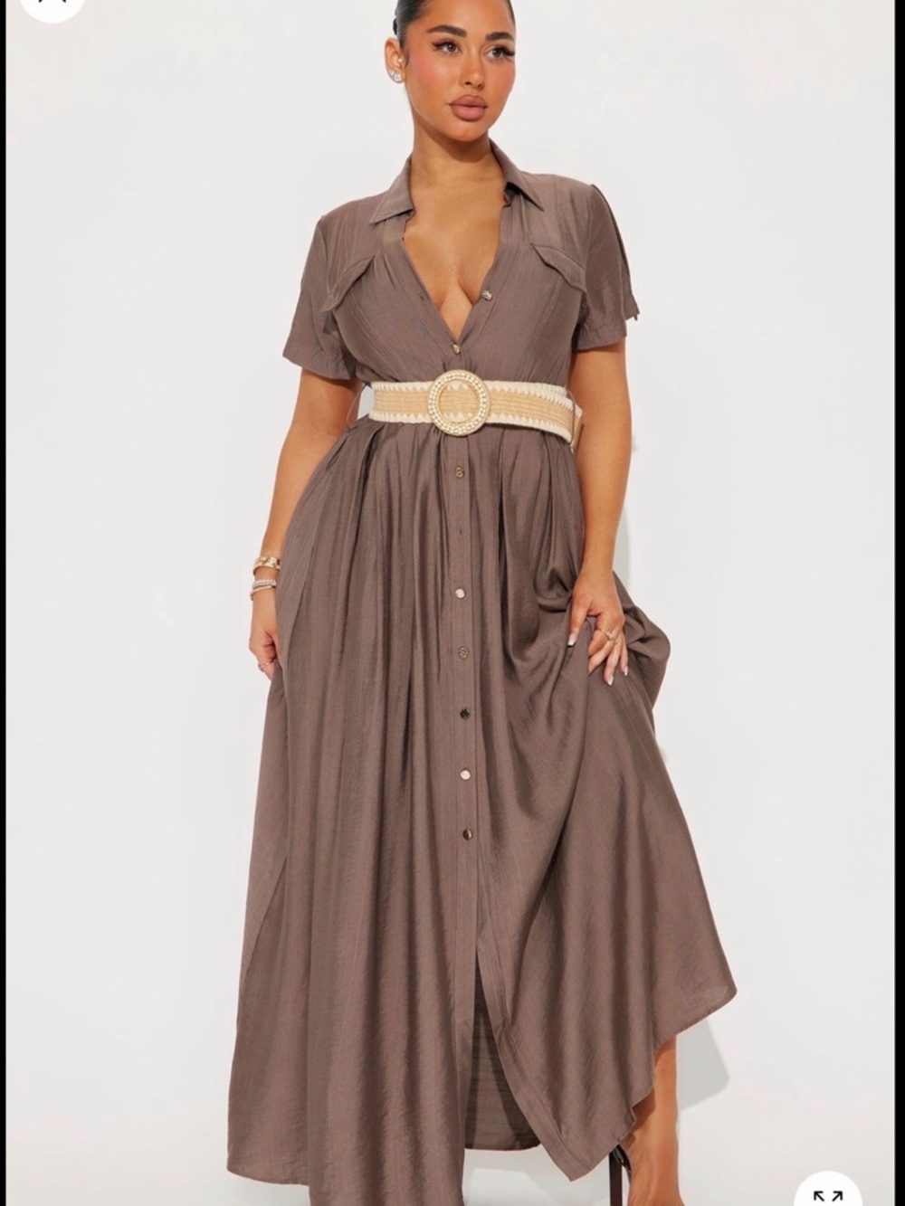 Women’s Taupe Button-Front Maxi Dress with Belt